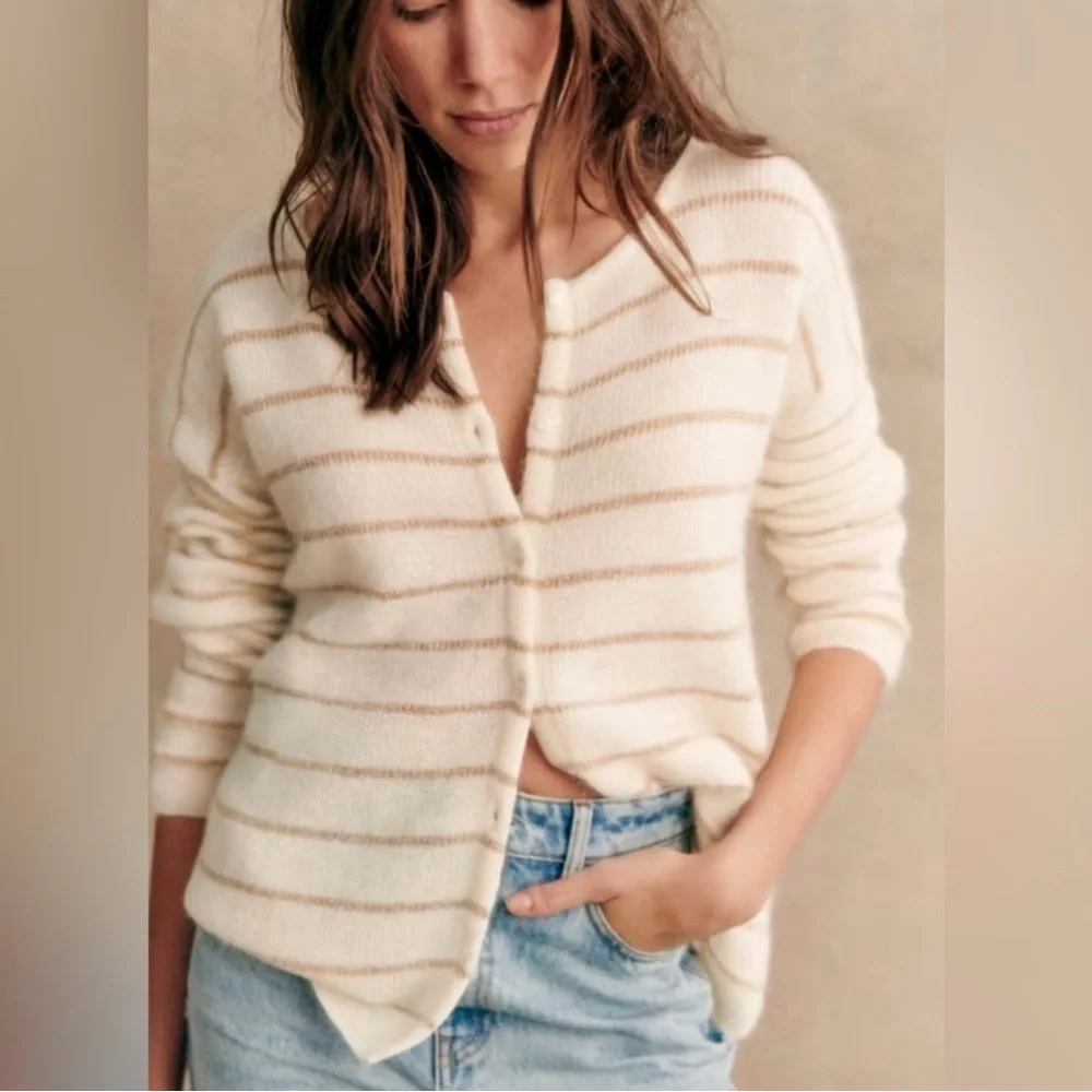 Sezane Womens Cream Gold Striped Gaspard Cardigan Size XL - Picture 5 of 5